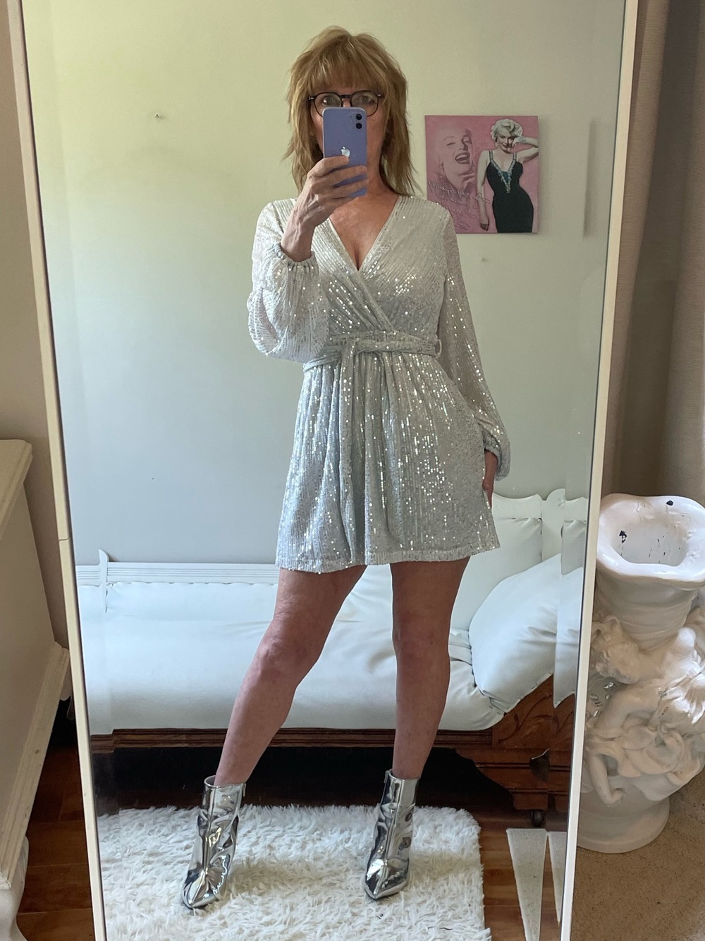 SILVER METALLIC SEQUIN LONG SLEEVE FAUX WRAP DRESS BELT STRETCH WAIST VINTAGE